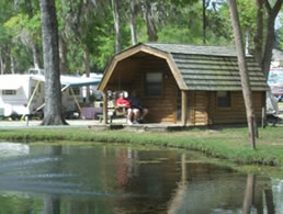 RV Camp cabin view with pond